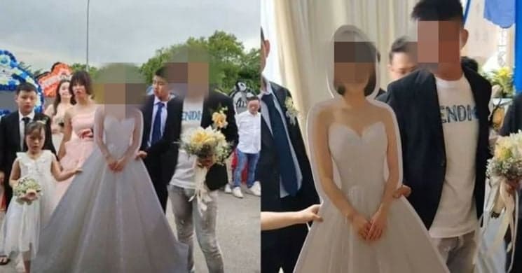 "다음 생에도 꼭 다시 만나자" 약혼녀 등신대 품고 결혼식 치른 말레이시아 남성