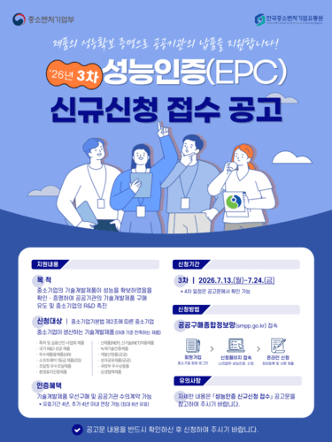 한유원, "공공조달시장 진입 지원" 성능인증(EPC) 3차 접수…기술개발제품 공공조달 진출 지원
