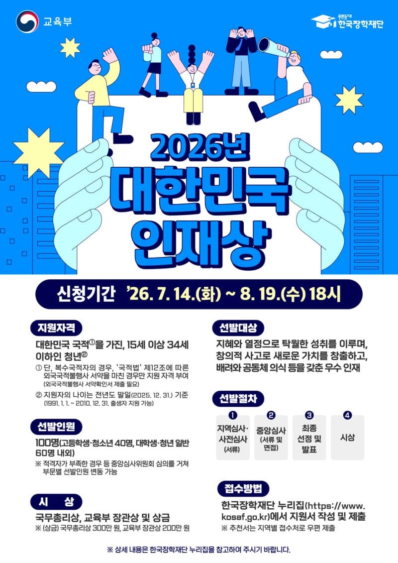 미래 이끌 청년인재 찾습니다…교육부, '2026 대한민국 인재상' 100명 공개 모집
