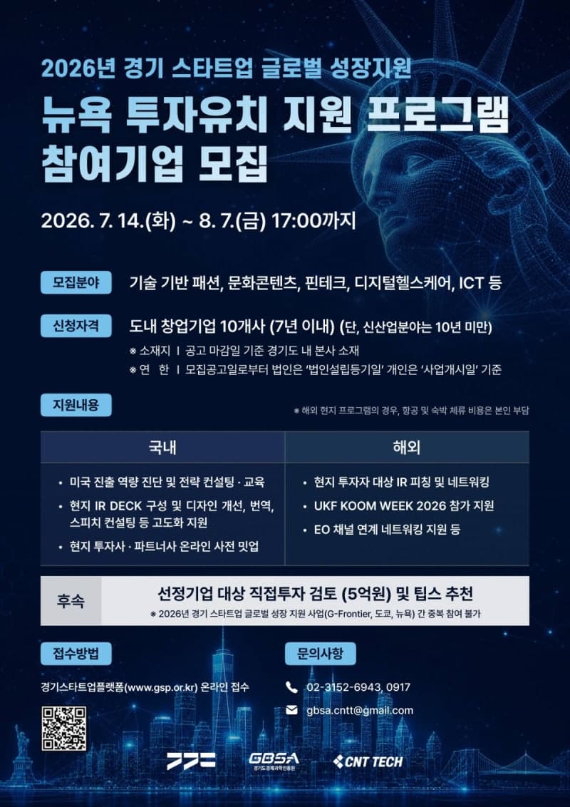 경기도, '뉴욕 투자유치 프로그램' 참가 창업기업 모집…글로벌 진출 '교두보'