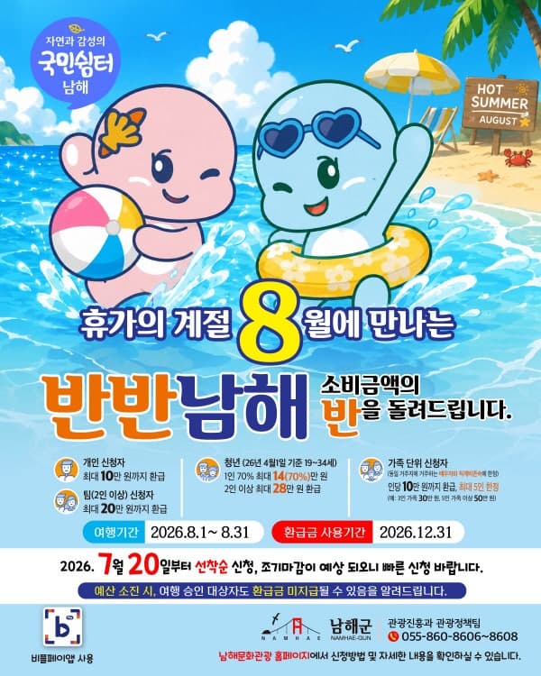 남해군, 8월 여행객에 경비 최대 70% 환급…'국민쉼터 반반남해' 3차 신청 접수