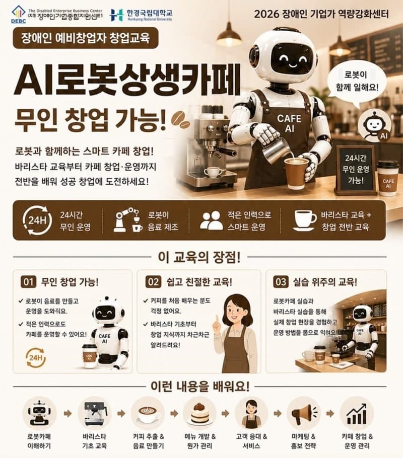 장애인기업종합지원센터, "AI 로봇카페로 창업 문턱 낮춘다"…무료 창업교육 모집