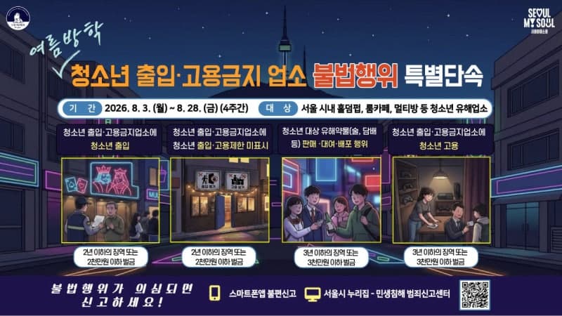 서울시, 여름방학 맞아 홀덤펍·룸카페 등 청소년 유해업소 특별 단속