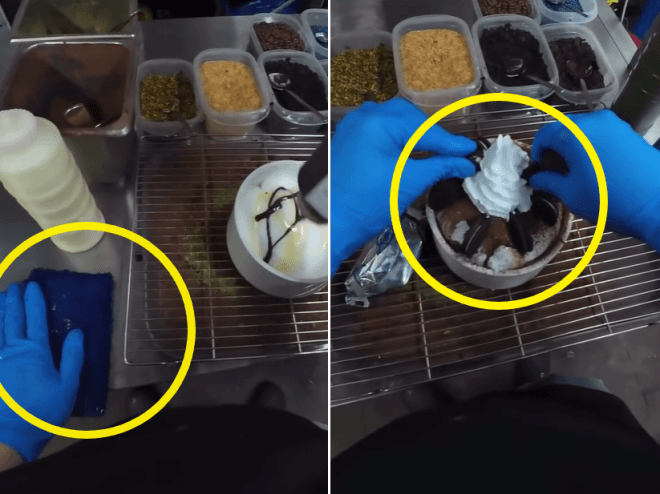 설빙 매장 위생 논란, 배수구 만진 장갑으로 빙수 조리까지