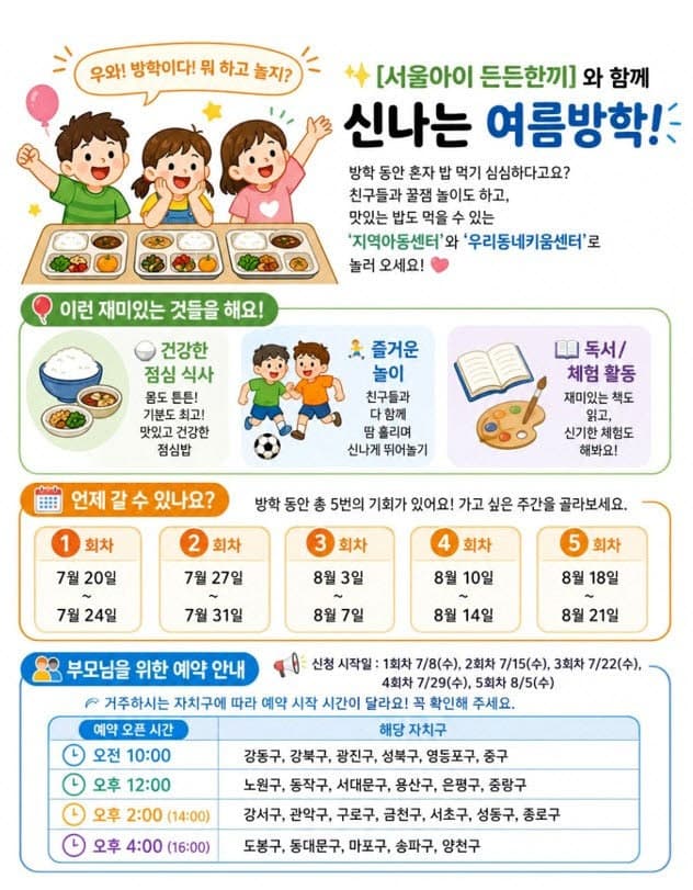 서울시, 방학 중 초등생 점심·돌봄 책임지는 '서울아이 든든한끼' 시작