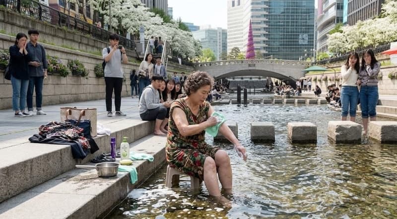청계천서 대낮 목욕에 때밀이까지…'동전 싹쓸이' 이어 또 민폐 논란