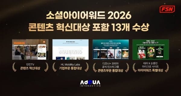 FSN 자회사 애드쿠아인터렉티브, ‘소셜아이어워드 2026’ 13개 부문 석권