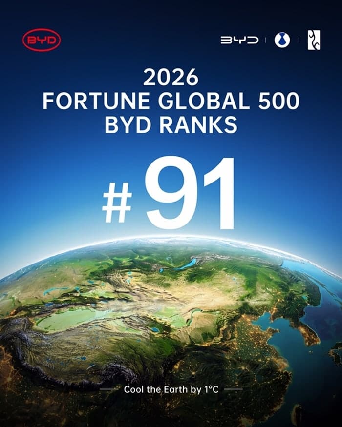 중국 BYD, 2026 포춘 글로벌 500서 91위…2년 연속 ‘톱 100’ 진입
