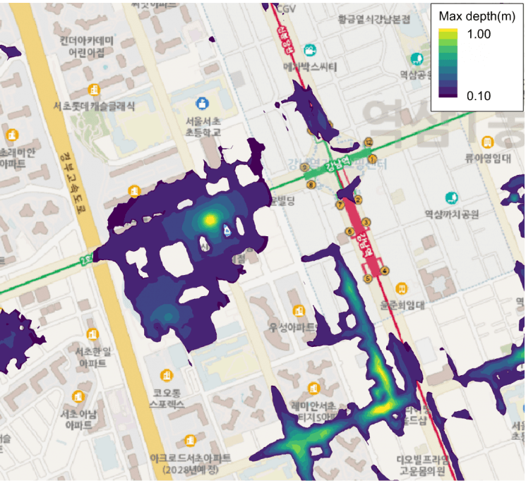 강남역 일대 시간당 100mm 폭우 시 최대 1m 침수 위험