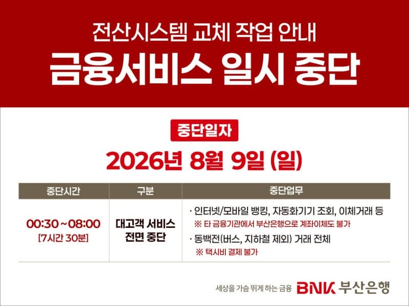 BNK부산은행, 9일 전산시스템 교체로 금융서비스 일시 중단