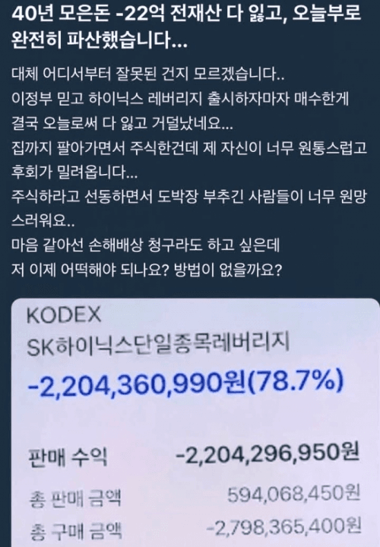 하닉 몰빵 22억 손실 인증 글의 반전…남의 손실 '0' 하나 더해 10배 부풀렸다