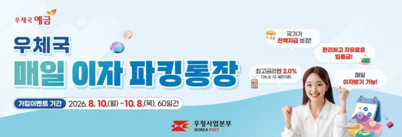 우체국, 연 최고 2% 금리 '매일이자 파킹통장' 5만 계좌 한정 판매