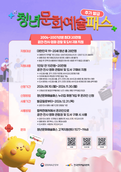 2006·2007년생 대상 청년문화예술패스 추가 발급…도서비 포함