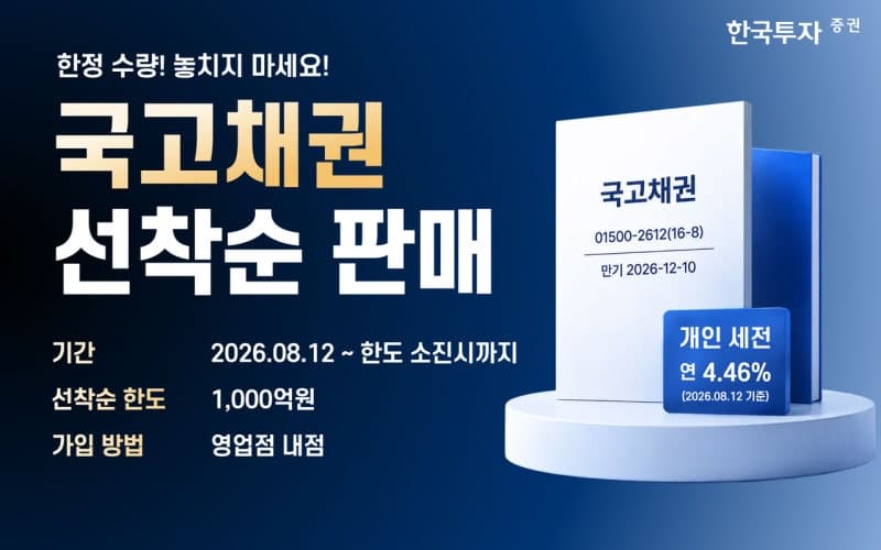 한국투자증권, 연 4.46% 금리 국고채 1000억 원 규모 선착순 판매