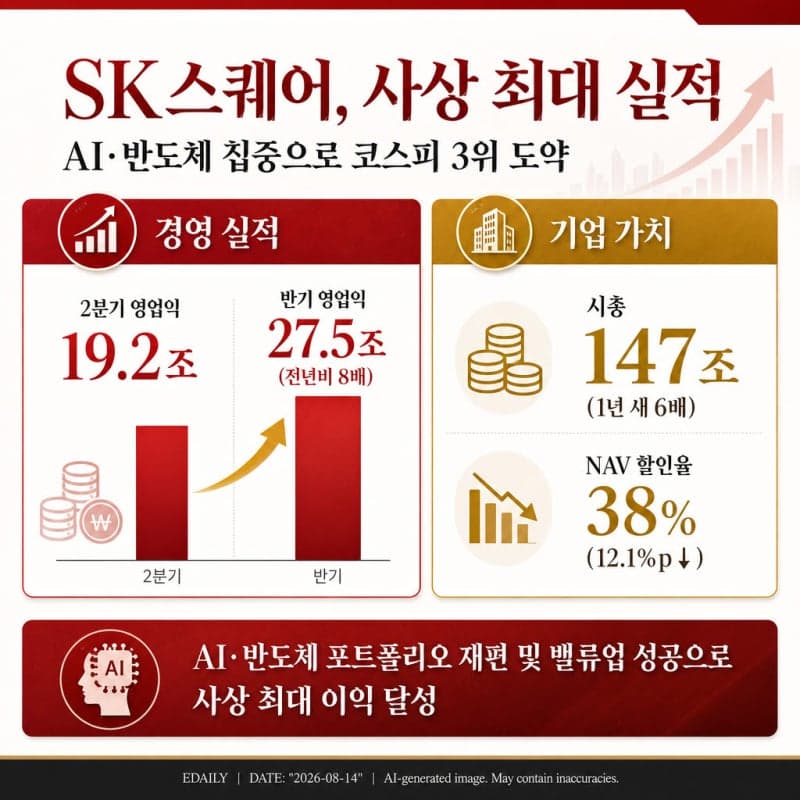 SK스퀘어, 2분기 영업익 19조 '사상 최대'…반도체 날개 달고 코스피 3위 도약