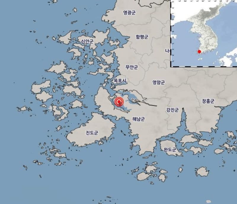 전남 해남군 서북서쪽 21km 지점서 규모 2.2 지진 발생