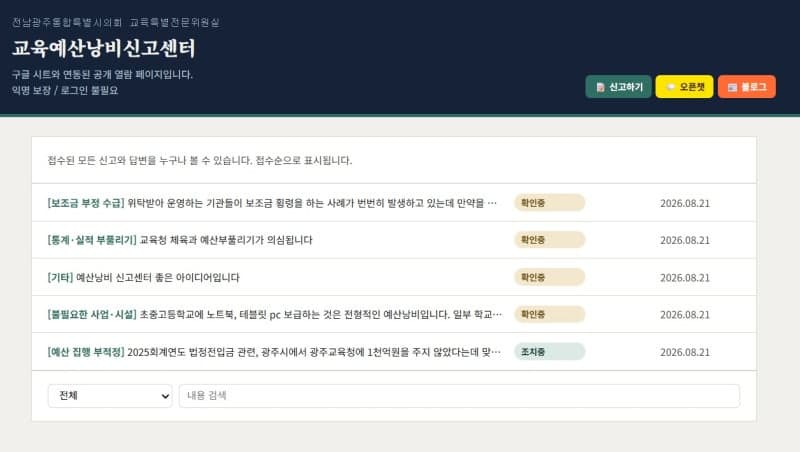 전남광주통합특별시의회, 생성형 AI 활용 '교육예산낭비신고센터' 개설