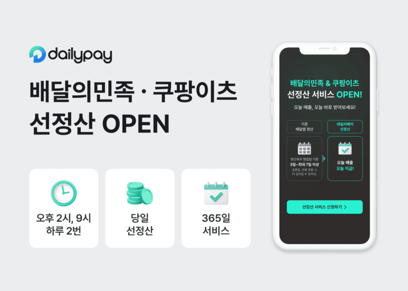 데일리페이, 배민·쿠팡이츠 매출 ‘당일 2회’ 선정산 서비스 출시