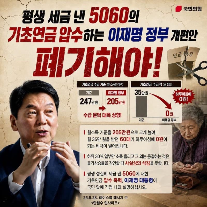 기초연금 개편안 발표 돌연 취소…안철수 '5060 연금 수탈 즉각 폐기해야'