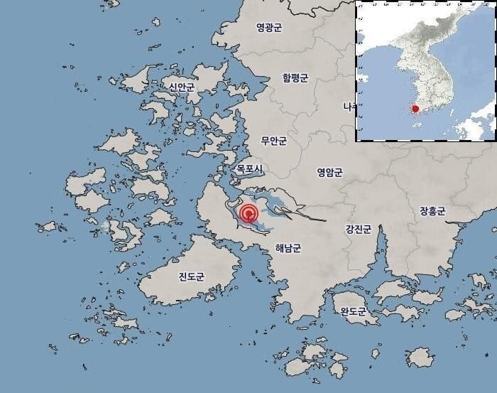 전남 해남 서북서쪽 21km 지점서 규모 2.6 지진 발생