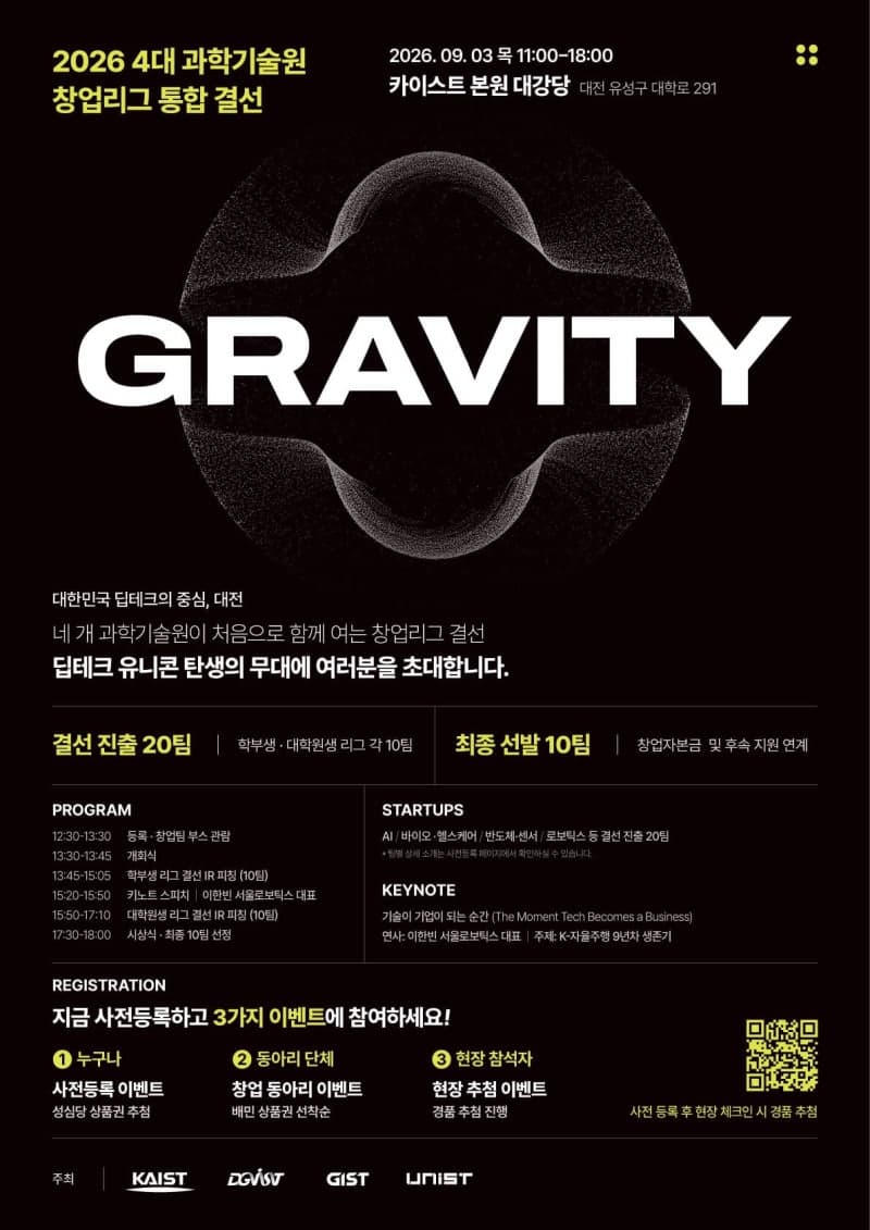 4대 과기원 학생 창업 지원 140개팀으로 확대…‘그래비티 2026’ 결선 개최