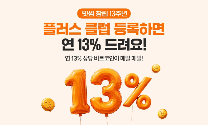 빗썸, 창립 13주년 기념 ‘플러스 클럽’ 출시…연 13% 비트코인 리워드 제공