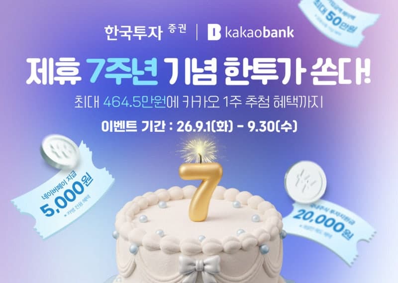 한국투자증권, 카카오뱅크 제휴 7주년 기념 고객 감사 이벤트 실시