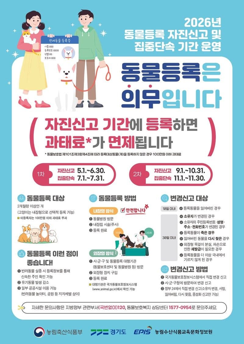 경기도, 10월 말까지 동물등록 자진신고 운영…미등록 시 과태료 면제