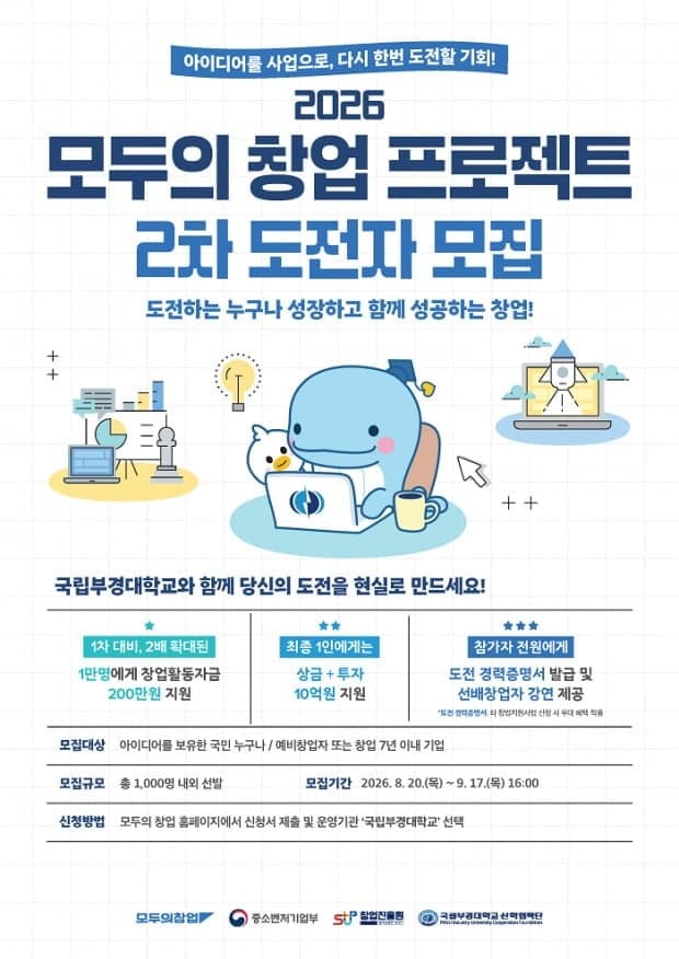 국립부경대, 중기부 ‘2026 모두의 창업 프로젝트’ 2차 참가자 모집…최대 10억 지원