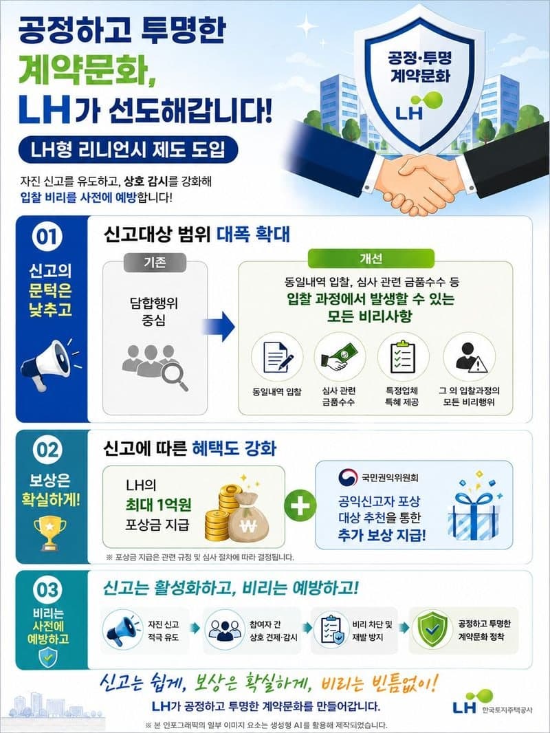 LH, 입찰비리 신고 활성화…금품수수 등 전방위 감면 및 최대 30억 보상