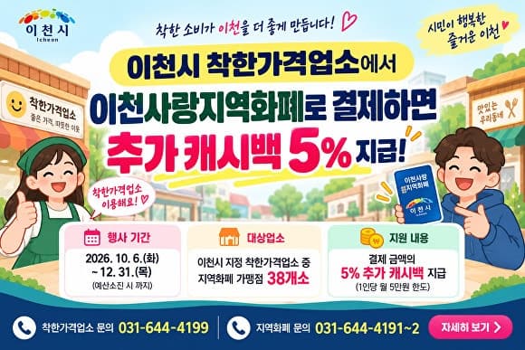 이천시, 착한가격업소에서 지역화폐 결제 시 5% 추가 캐시백 지급