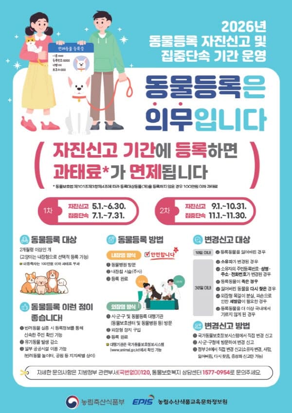 반려견 미등록 과태료 최대 100만 원…10월까지 자진신고하세요