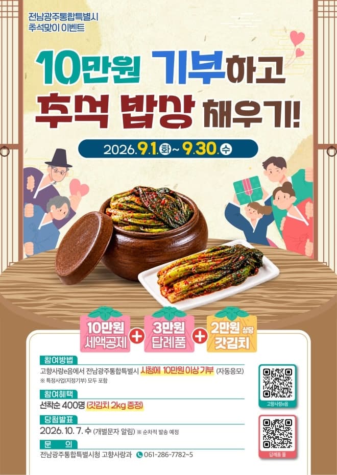 전남광주통합특별시, 추석맞이 고향사랑기부 특별 이벤트 실시