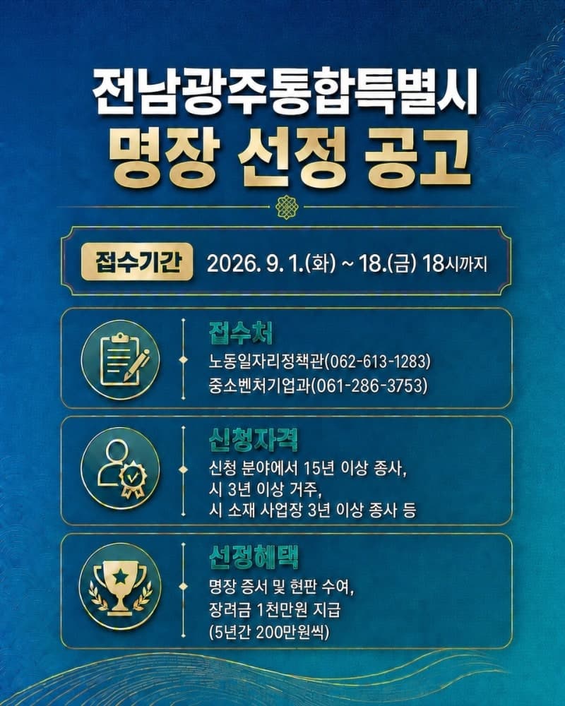 전남광주통합특별시, 산업현장 최고 숙련기술인 '명장' 10명 찾는다
