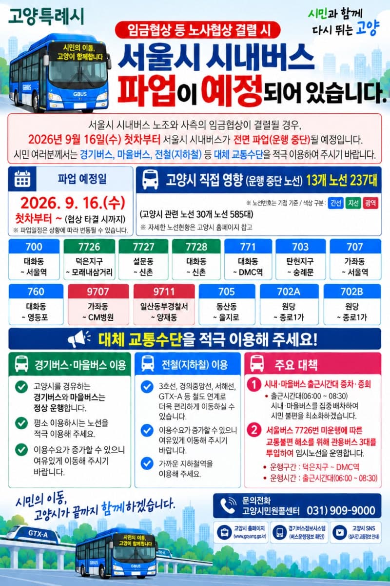 서울 시내버스 파업 대비 고양시 출근길 비상수송대책 가동