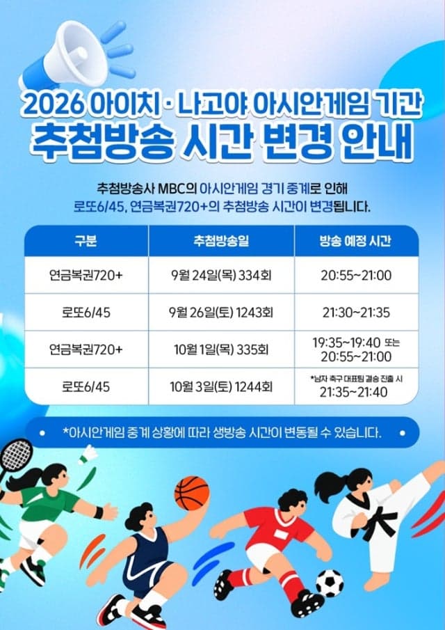 2026 아시안게임 중계 여파로 로또·연금복권 추첨 시간 변경