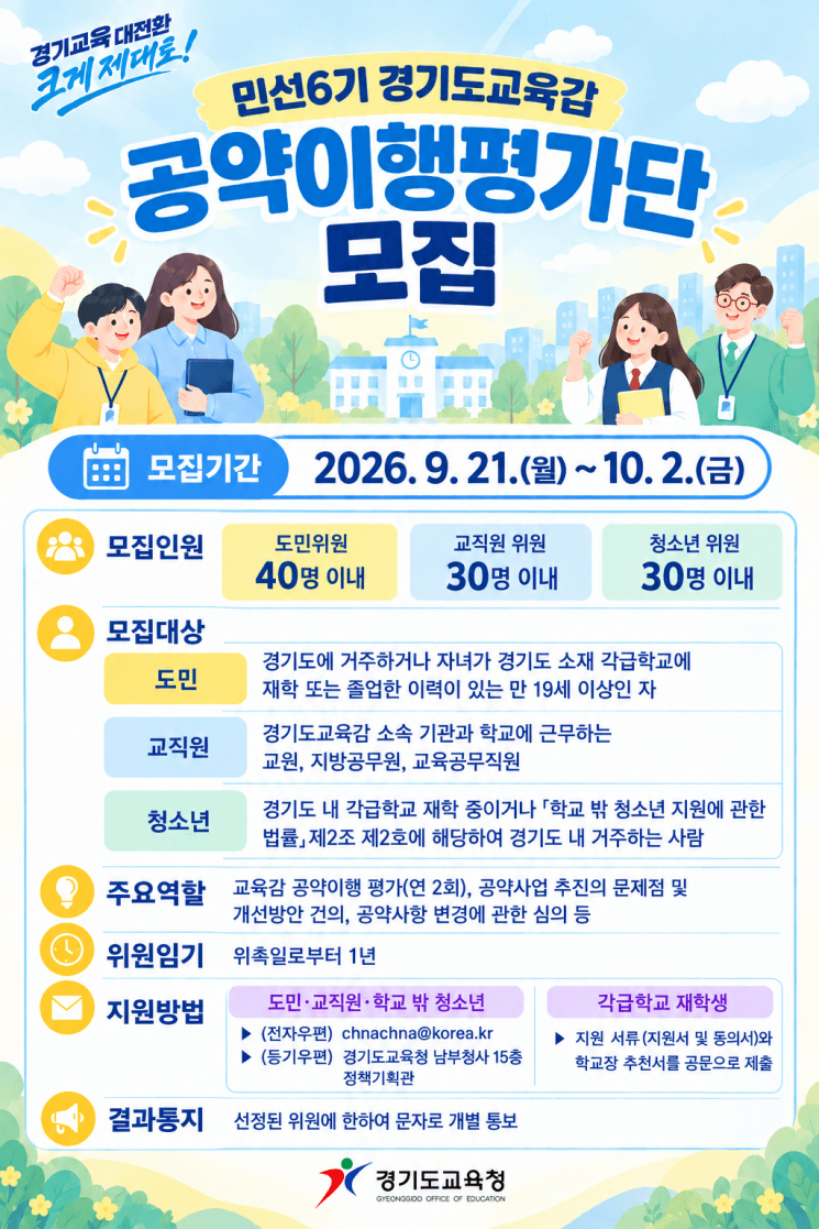 경기도교육청, 민선 6기 공약이행평가단 100명 모집…무작위 추첨제 도입