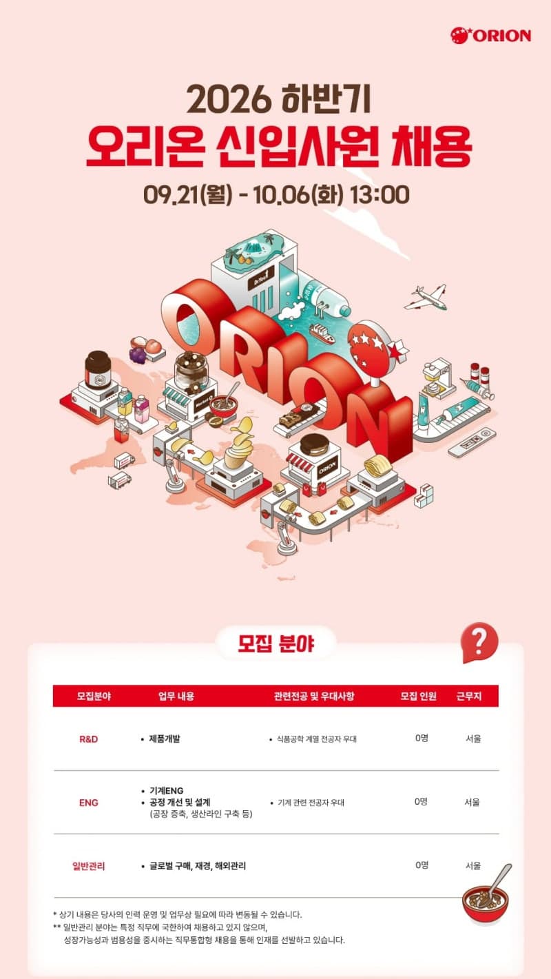 글로벌 식품산업 이끌 인재 찾는다…오리온, 2026년 하반기 신입사원 채용
