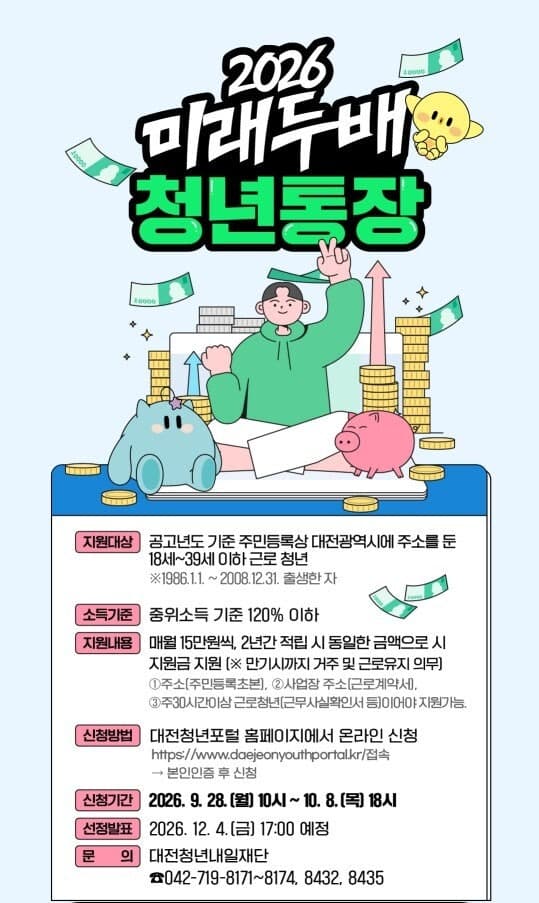 360만원 모으면 720만원…대전시 ‘미래두배 청년통장’ 1500명 모집