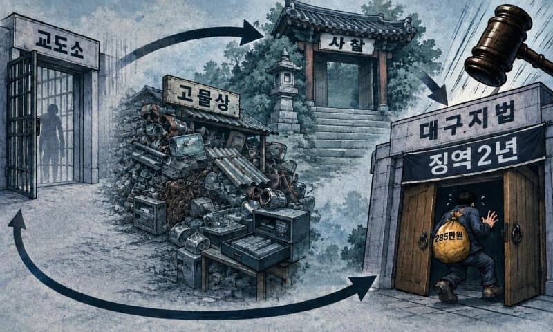 출소 9개월 만에 고물상·사찰서 285만 원 훔친 50대 실형