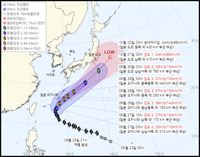 제26호 태풍 수리개 오키나와 향해 북상…28일 최대풍속 39m 전망