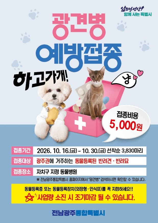 전남광주통합특별시, 10월 16일부터 반려견·반려묘 광견병 예방접종 실시