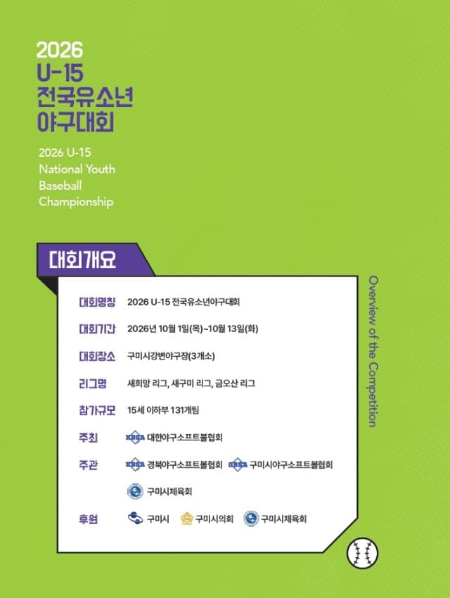 2026 U-15 전국 유소년 야구대회, 10월 구미서 13일간 열전