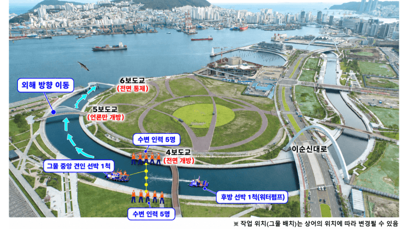 부산 북항 '부캉이' 2차 구조 작전…50m 대형 그물 투입