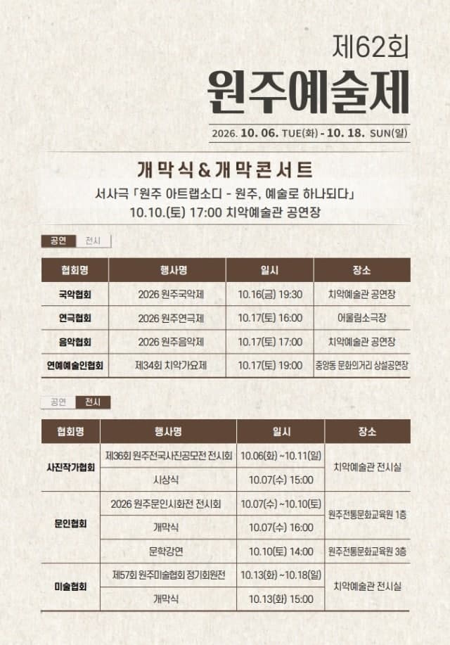 60년 전통의 종합예술축제, 제62회 원주예술제 6일 개막