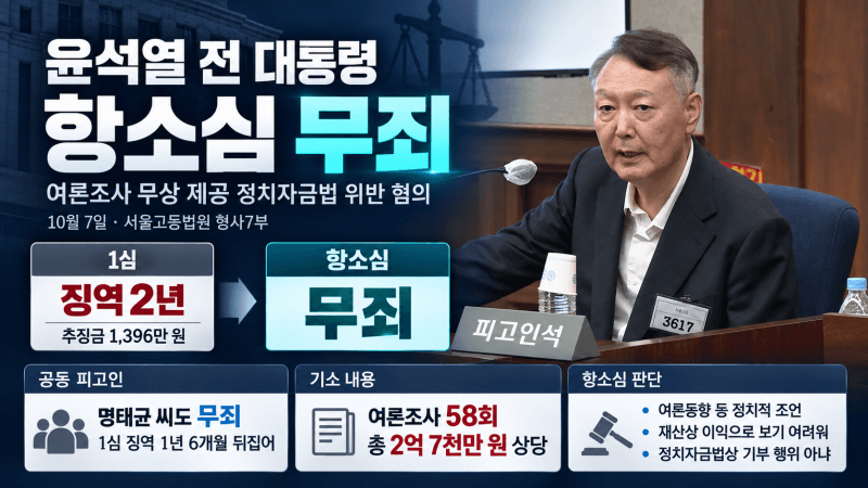 윤석열 '명태균 무상 여론조사' 2심 무죄…1심 징역 2년 파기