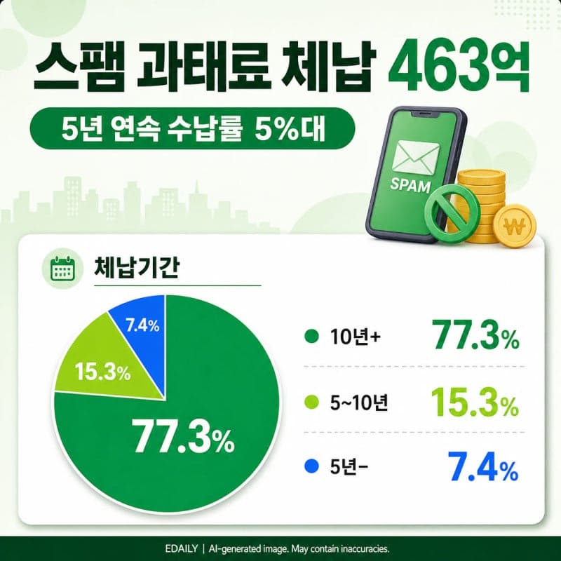 불법스팸 과태료 463억 미납…5년째 수납률 한 자릿수 고착화