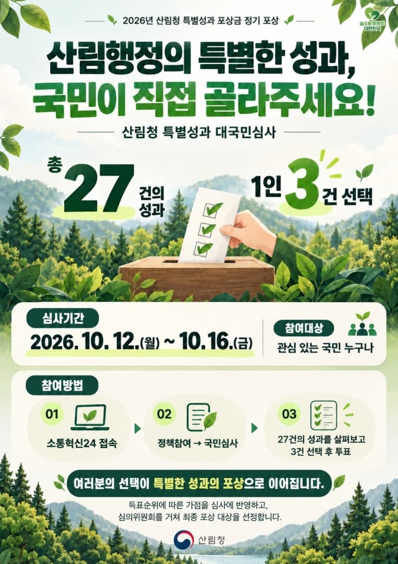 산림청, '2026년 특별성과 포상금 정기 포상' 대국민 온라인 투표 실시
