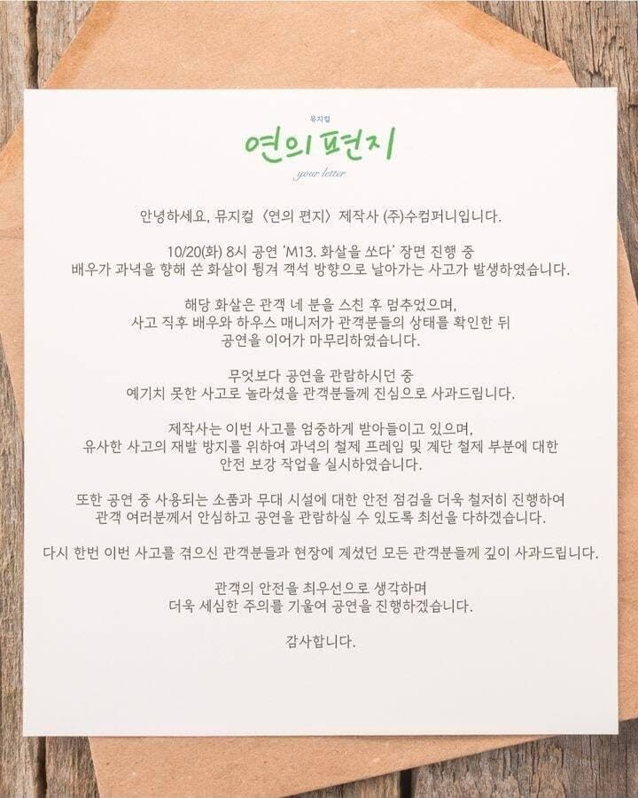 배우가 쏜 화살이 과녁 튕겨 객석으로…뮤지컬 ‘연의 편지’ 제작사 사과