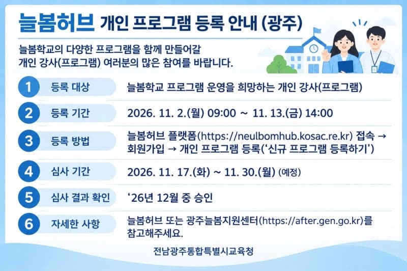 전남광주통합특별시교육청, 2027년 늘봄학교 운영할 개인 강사 및 프로그램 모집